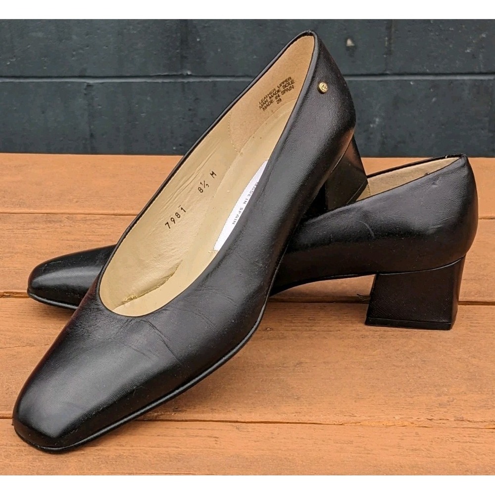 Vtg 1980's Etienne Aigner Ladies 8.5 M Black Block Heel Loafers Square Toe Spain